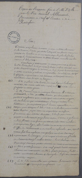 Notes du capitaine de vaisseau Lucas, commandant Le Regulus, en réaction à la copie du rapport fait par le vice-amiral Allemand, commandant de l’escadre, à l’Empereur.