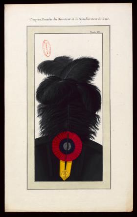 "Projet de règlement sur l’habillement du major Bardin. Chapeau-panache du directeur et du sous-directeur du génie, 1812. (en dépôt au musée de l’Armée)."