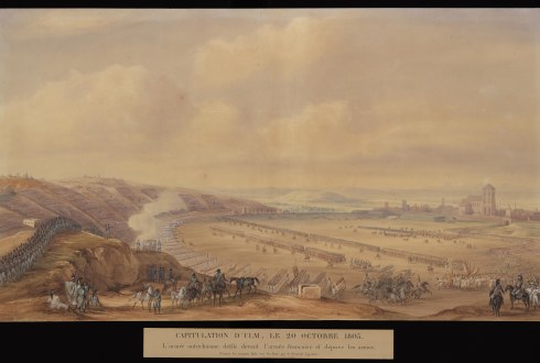 GOBAUT Gaspard d'après les dessins du général Lejeune, Capitulation d'Ulm, le 20 octobre 1805. L'armée autrichienne défile devant l'armée française et dépose les armes, aquarelle rehaussée de gouache, XIXe siècle